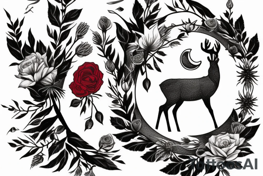 deer with moon in the background with red rose and thistle tattoo idea