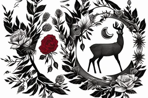 deer with moon in the background with red rose and thistle tattoo idea