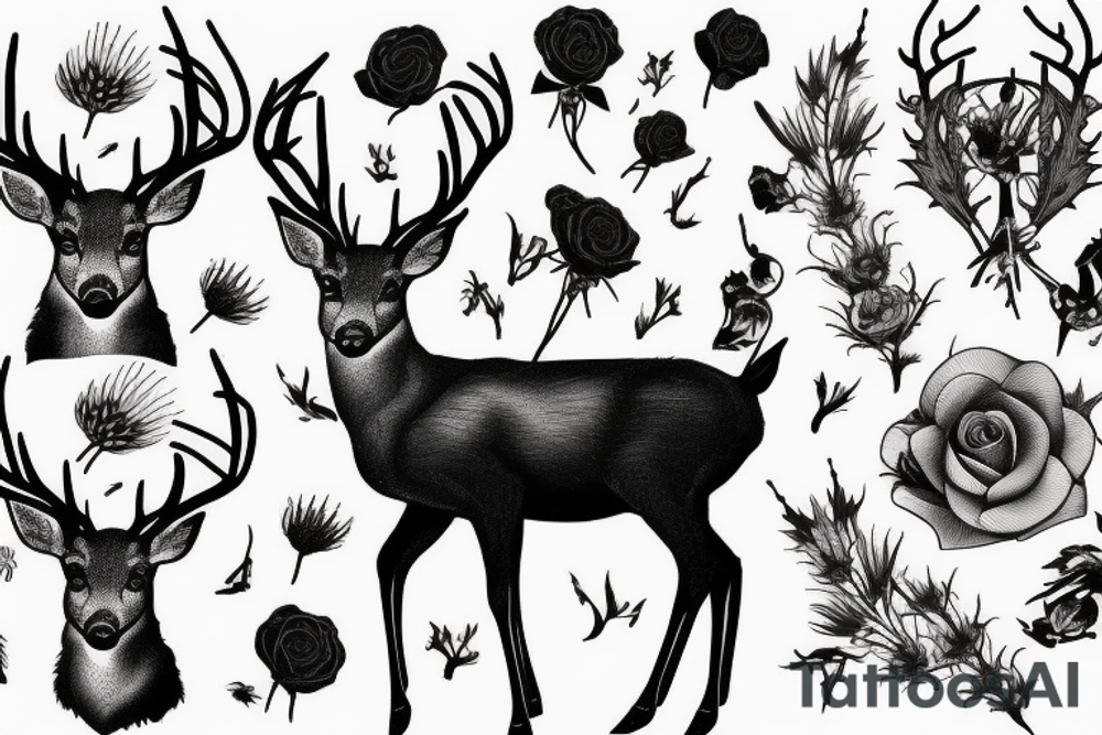 deer with moon in the background with red rose and thistle tattoo idea