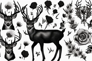 deer with moon in the background with red rose and thistle tattoo idea