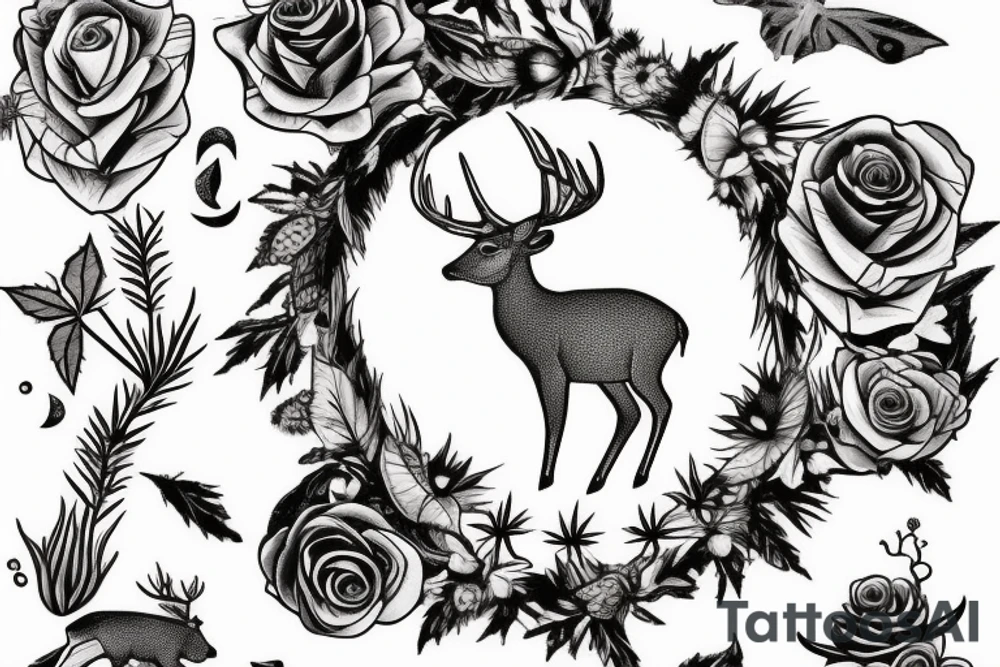 deer with moon in the background with red rose and thistle tattoo idea