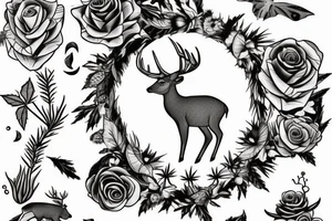 deer with moon in the background with red rose and thistle tattoo idea