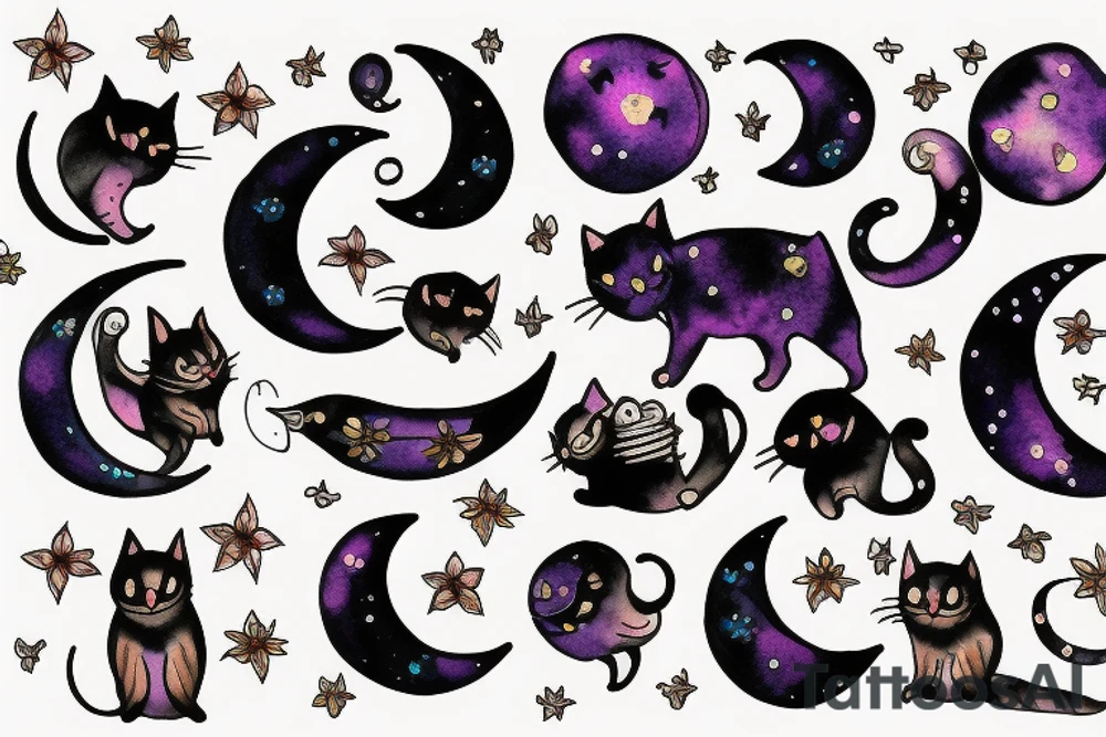 cat flower moon dark night tattoo idea