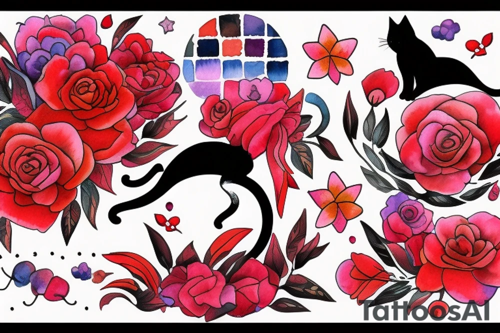 cat in the night with red flower and moon at the background tattoo idea