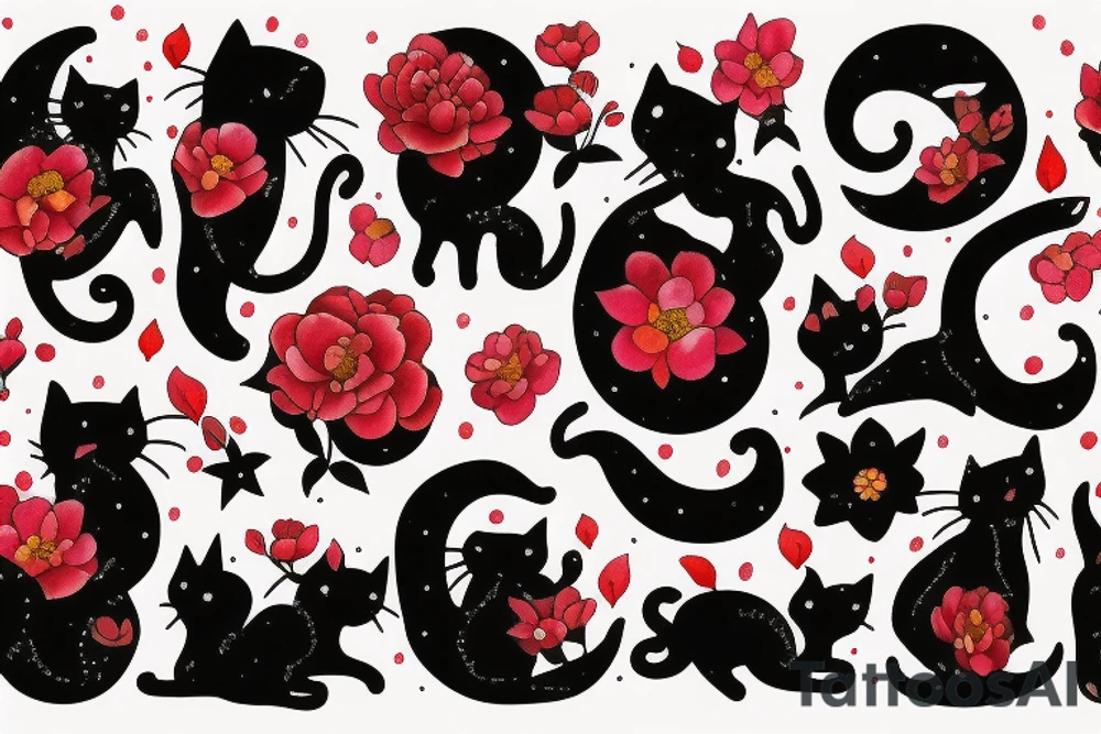 cat in the night with red flower and moon at the background tattoo idea