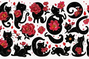 cat in the night with red flower and moon at the background tattoo idea