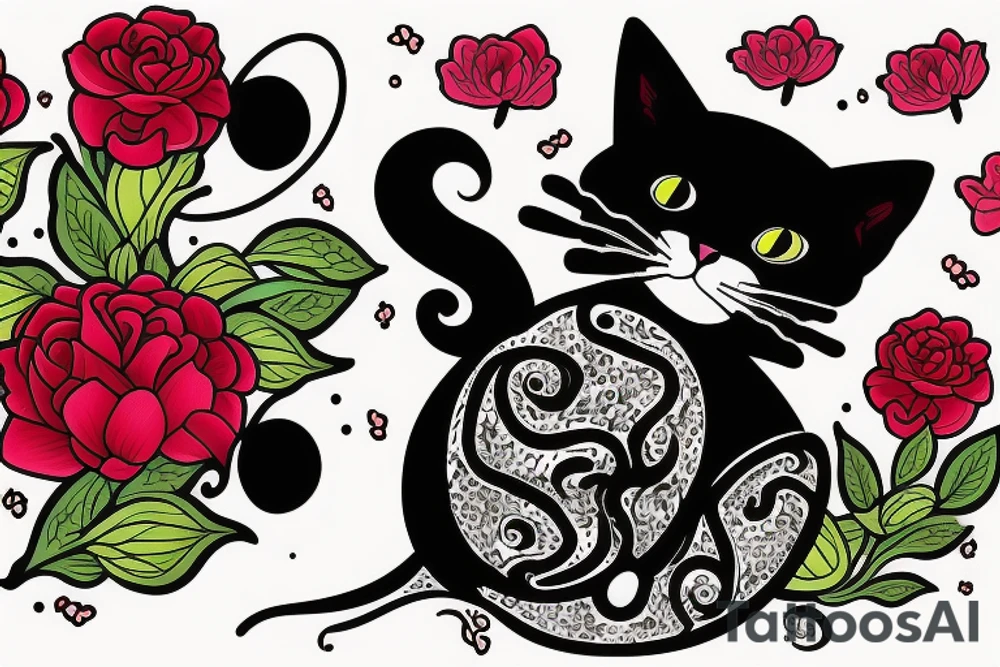cat in the night with red flower and moon at the background tattoo idea