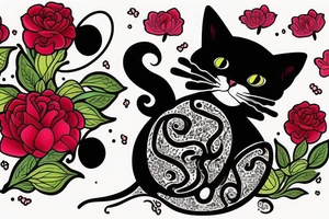 cat in the night with red flower and moon at the background tattoo idea