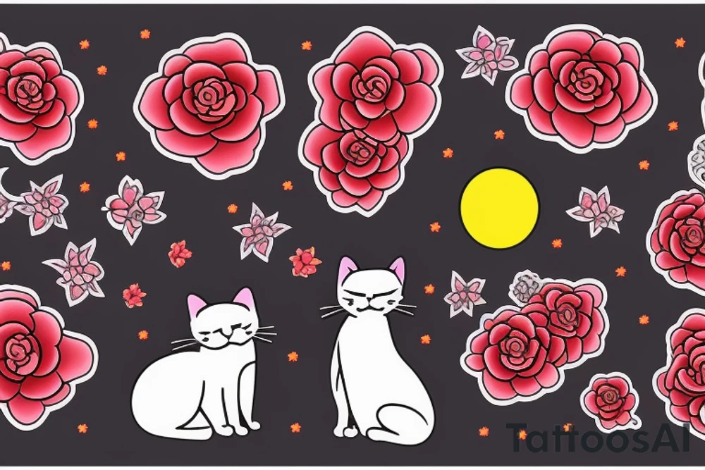 cat in the night with red flower and moon at the background tattoo idea