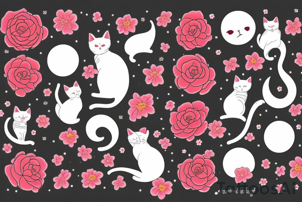 cat in the night with red flower and moon at the background tattoo idea