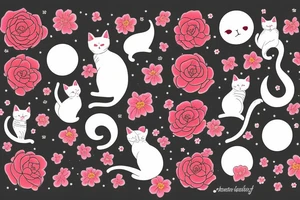 cat in the night with red flower and moon at the background tattoo idea
