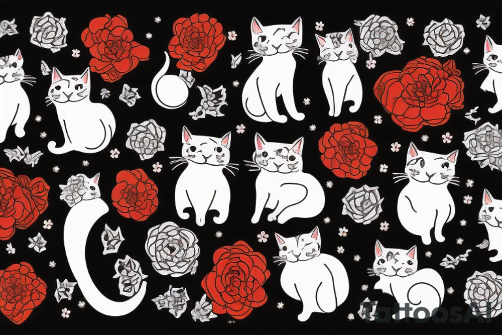 cat in the night with red flower and moon at the background tattoo idea