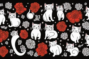 cat in the night with red flower and moon at the background tattoo idea