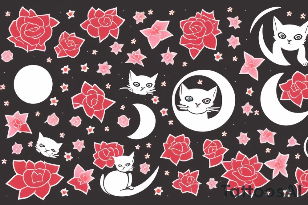 cat in the night with red flower and moon at the background tattoo idea