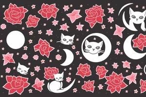 cat in the night with red flower and moon at the background tattoo idea