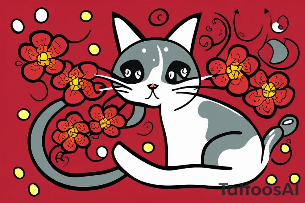 cat in the night with red flower and moon at the background tattoo idea