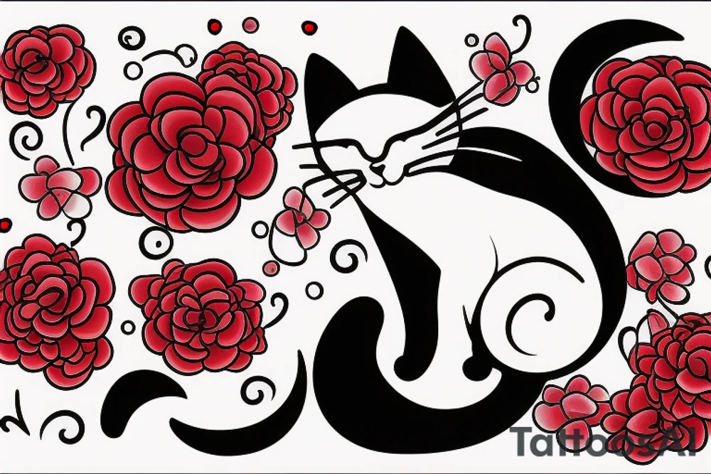 cat in the night with red flower and moon at the background tattoo idea