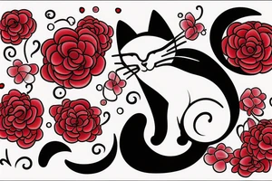 cat in the night with red flower and moon at the background tattoo idea