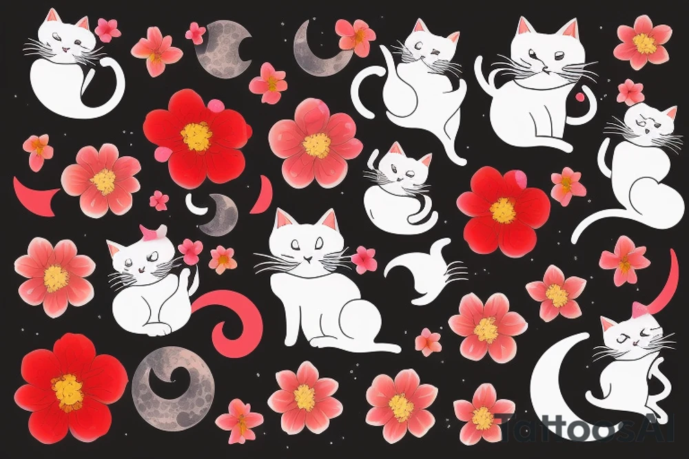 cat in the night with red flower and moon at the background tattoo idea
