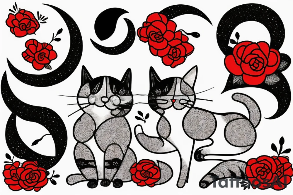 cat in the night with red flower and moon at the background tattoo idea