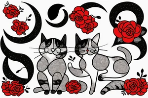 cat in the night with red flower and moon at the background tattoo idea