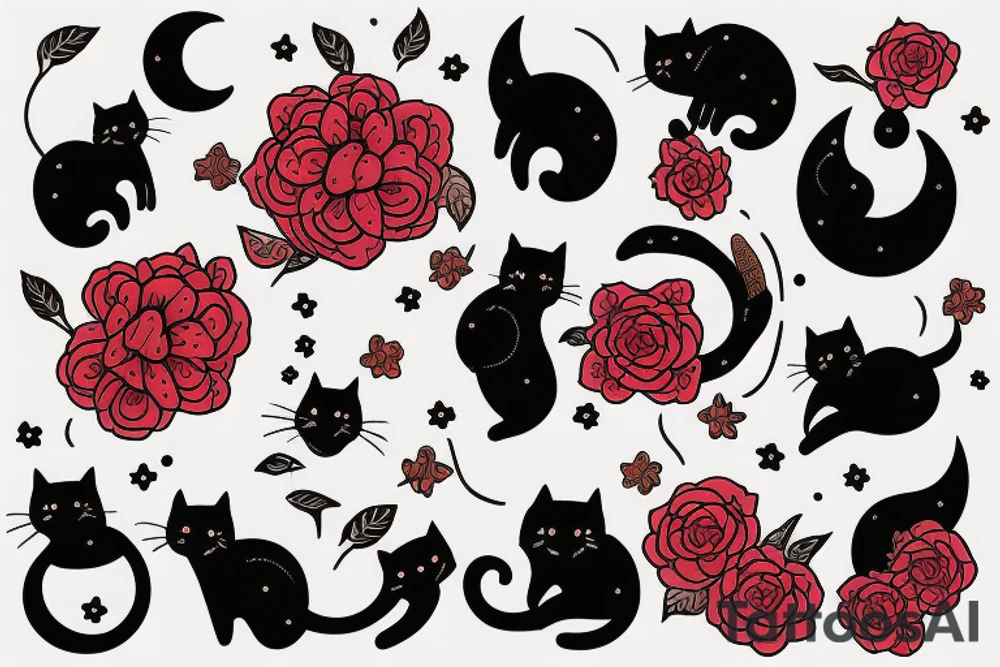 cat in the night with red flower and moon at the background tattoo idea