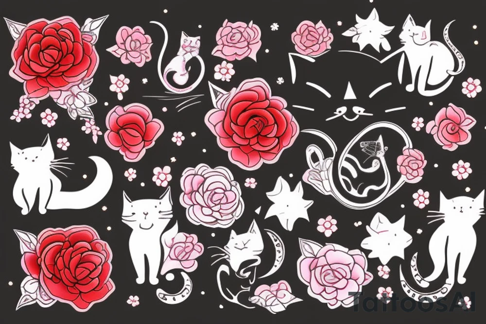 cat in the night with red flower and moon at the background tattoo idea
