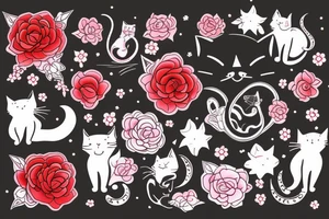 cat in the night with red flower and moon at the background tattoo idea
