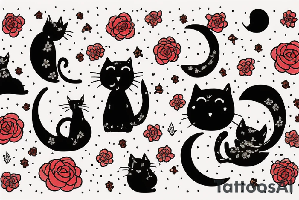 cat in the night with red flower and moon at the background tattoo idea