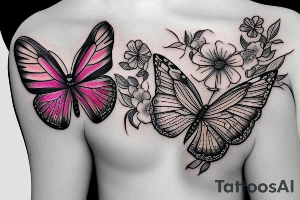 butterfly with two flower tattoo idea