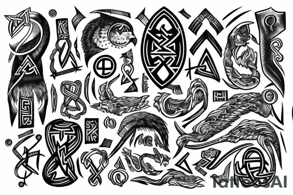 sleeve in the Scandinavian style of runes, Odin tattoo idea