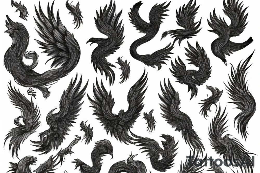 rampant phoenix in shaded greyscale. with long detailed tail tattoo idea