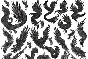 rampant phoenix in shaded greyscale. with long detailed tail tattoo idea