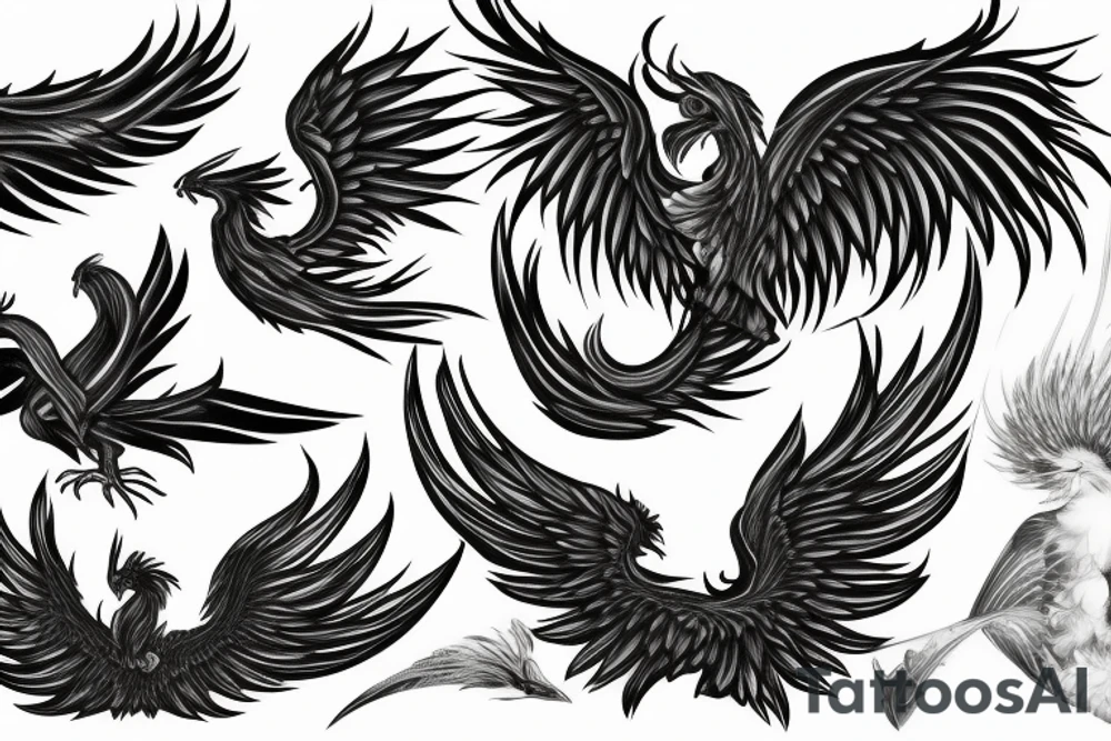 rampant phoenix in shaded greyscale. with long detailed tail tattoo idea