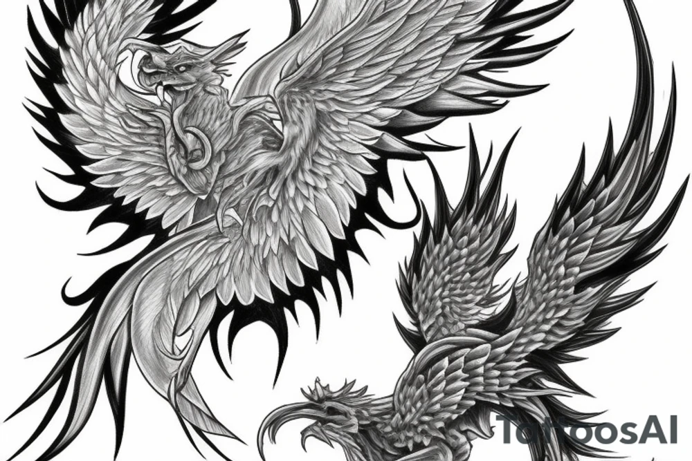 rampant phoenix in shaded greyscale. with long detailed tail tattoo idea