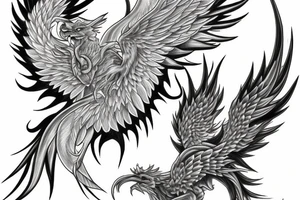 rampant phoenix in shaded greyscale. with long detailed tail tattoo idea