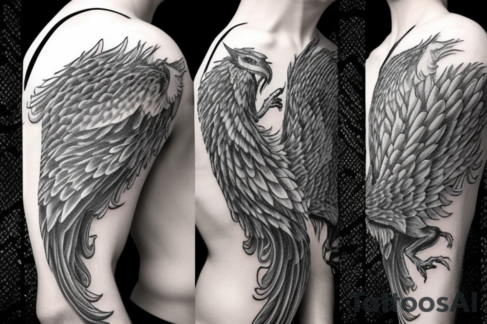 rampant phoenix in shaded greyscale. with long detailed tail tattoo idea