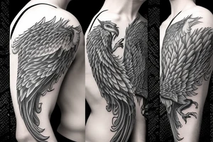rampant phoenix in shaded greyscale. with long detailed tail tattoo idea