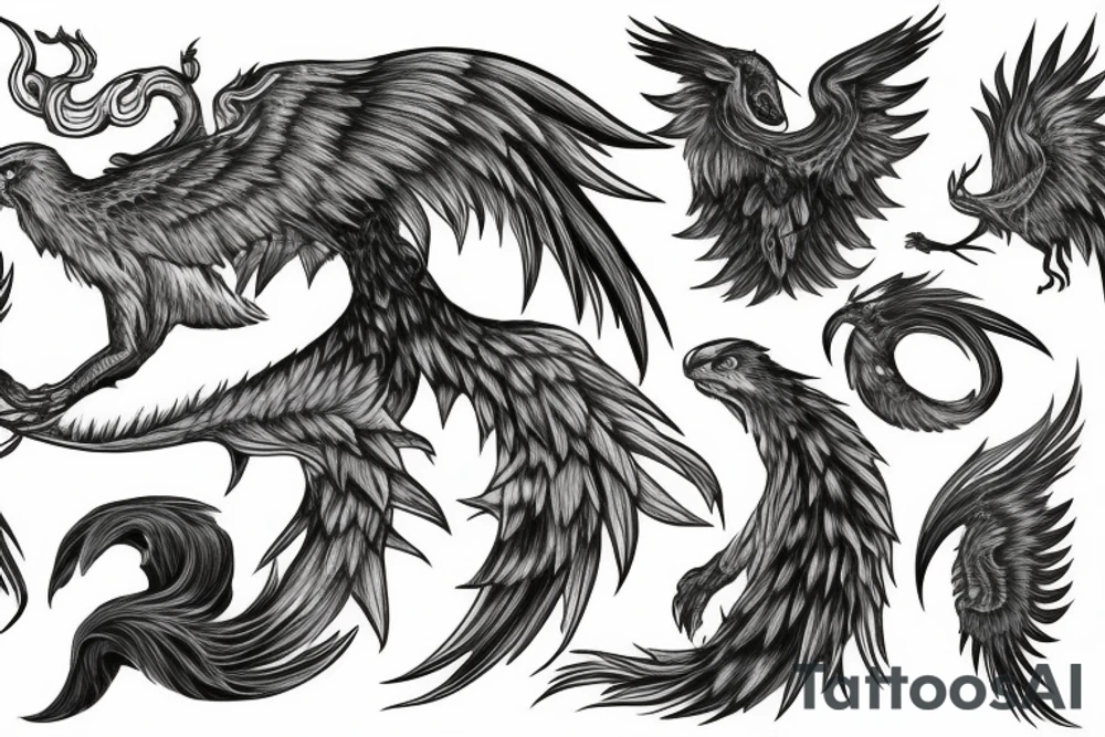 rampant phoenix in shaded greyscale. with long detailed tail for whole back tattoo idea