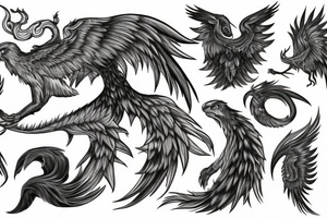 rampant phoenix in shaded greyscale. with long detailed tail for whole back tattoo idea