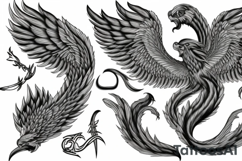 rampant phoenix in shaded greyscale. with long detailed tail for whole back tattoo idea