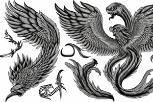 rampant phoenix in shaded greyscale. with long detailed tail for whole back tattoo idea