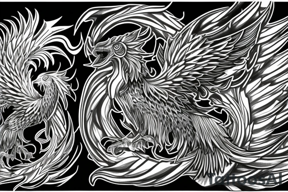 noble phoenix in shaded greyscale. with long detailed tail for whole back tattoo idea