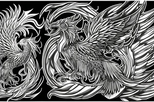 noble phoenix in shaded greyscale. with long detailed tail for whole back tattoo idea