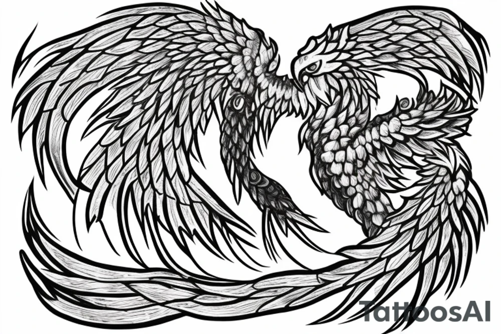 noble phoenix in shaded greyscale. with long detailed tail for whole back tattoo idea