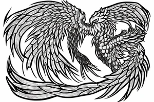 noble phoenix in shaded greyscale. with long detailed tail for whole back tattoo idea
