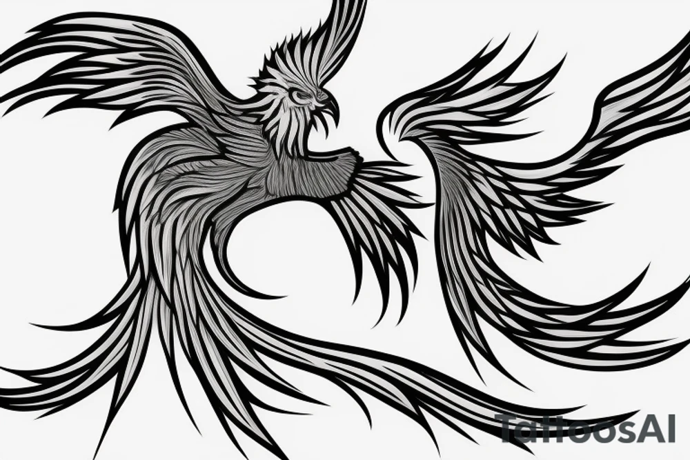 minimalist phoenix in shaded greyscale. with long detailed tail for whole back tattoo idea