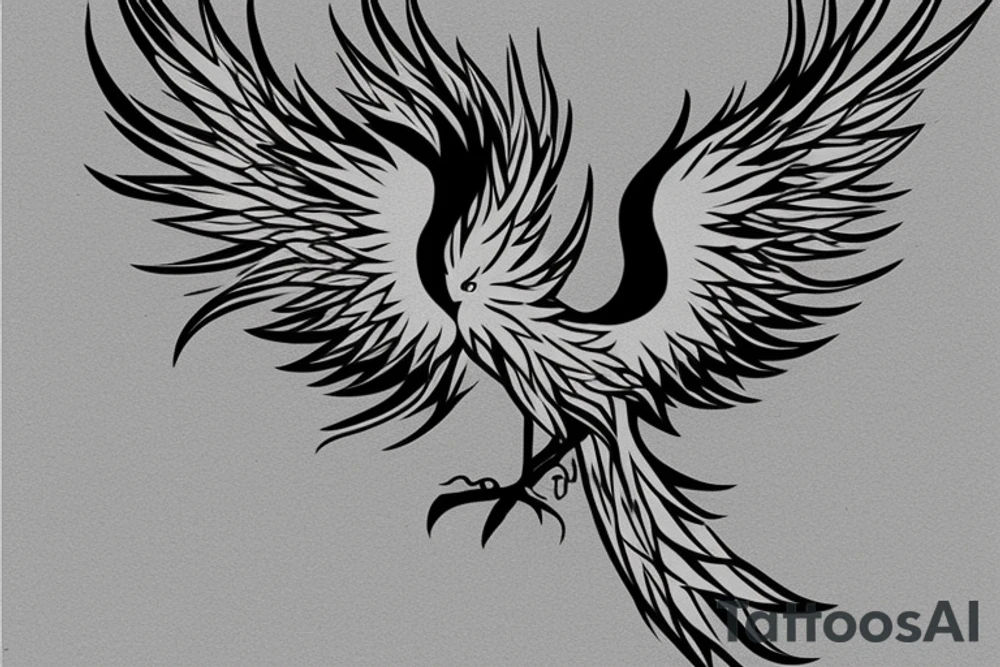 minimalist phoenix in shaded greyscale. with long detailed tail for whole back tattoo idea