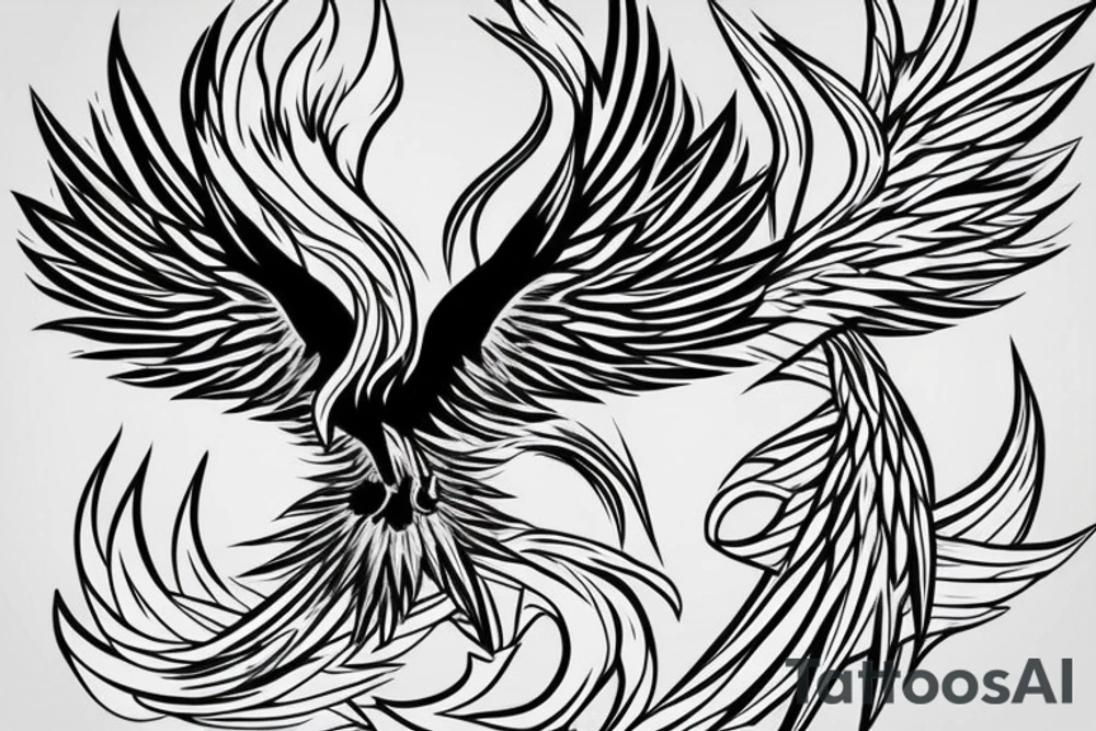 minimalist phoenix in shaded greyscale. with long detailed tail for whole back tattoo idea