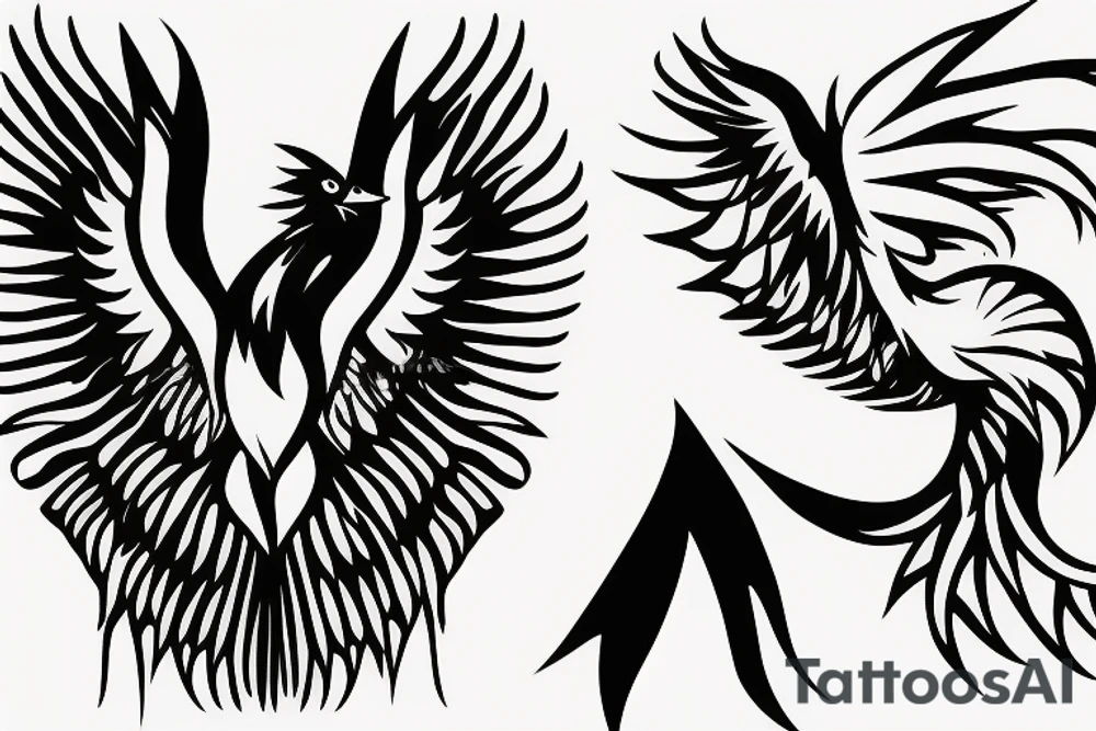 minimalist phoenix in shaded greyscale. with long detailed tail for whole back tattoo idea